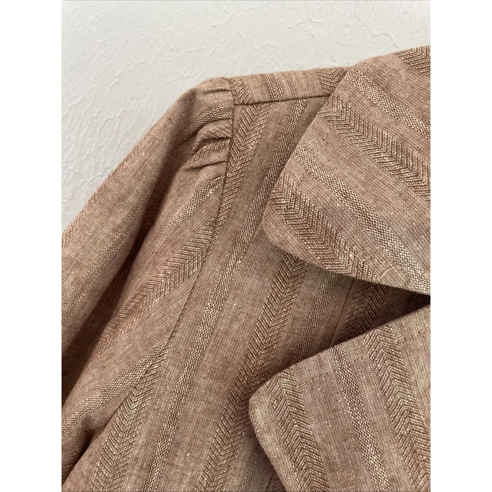 Vintage Y2k 90s Linen Blend All Season  Herringbone Tan Blazer Jacket Pintuck XL